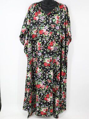 Vintage Amanda Stewart Womens One Size Dress Kaftan Satin Floral Print Maxi